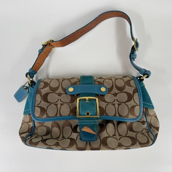 Coach Signature Brown Blue Leather Trim Shoulder Bag Buckle Flap 12”x7” - Picture 1 of 7